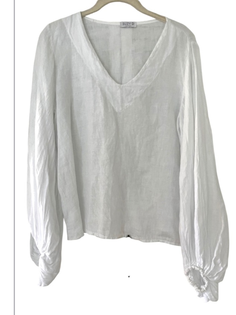 Suzy D Linen V Neck Puff Sleeve Top White Sz Large